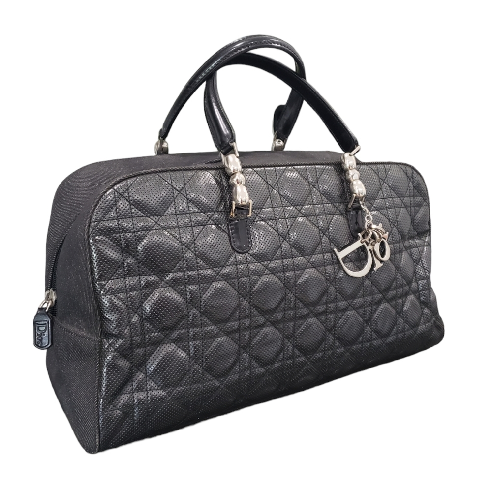 CHRISTIAN DIOR Denim Leather Vintage Lady Cannage Quilted Black Handbag RARE!!